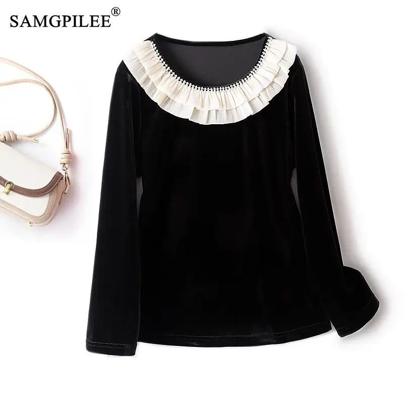 

Korean Reviews Many Clothes Sweet Women's T-shirts Classic Design Ruffle Collar Velvet Drape Diamond Encrusted Bottoming Shirt