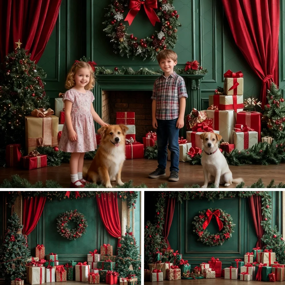 

Christmas Vintage Green Gift Wall Photography Background Shiny Xmas Tree Wreath Backdrop Winter Kid Family Portrait Photo Studio