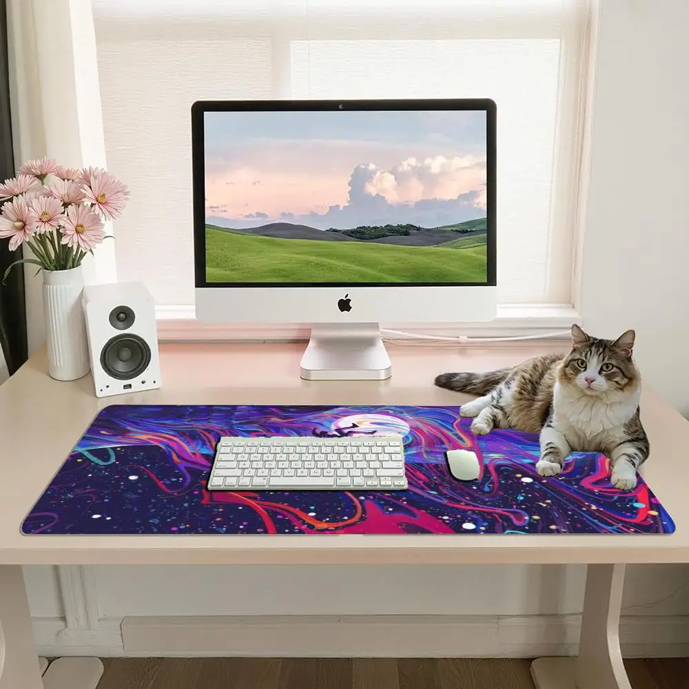 Gaming Mouse Pad Psychedelic Cosmic Galaxy Pattern Large Desk Mat Non-slip Rubber Base Seamed Edge Keyboard Pad for PC Gamer
