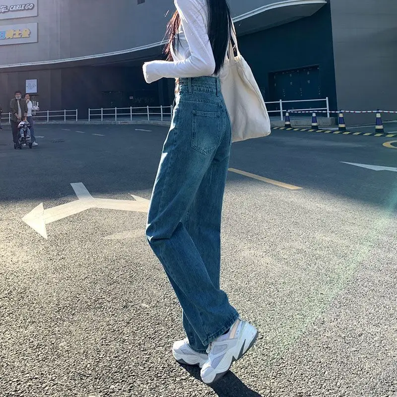 2024 New Slimming Straight Loose Retro Blue Wide-Leg Jeans For Women High Waist Draped Two-Button Versatile