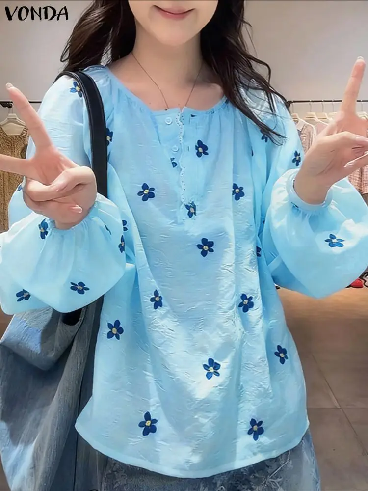 2026 VONDA ボヘミアン女性花柄ブラウス春のファッションシャツロングパフスリーブ O ネックカジュアルチュニックトップス Blusas Femininas