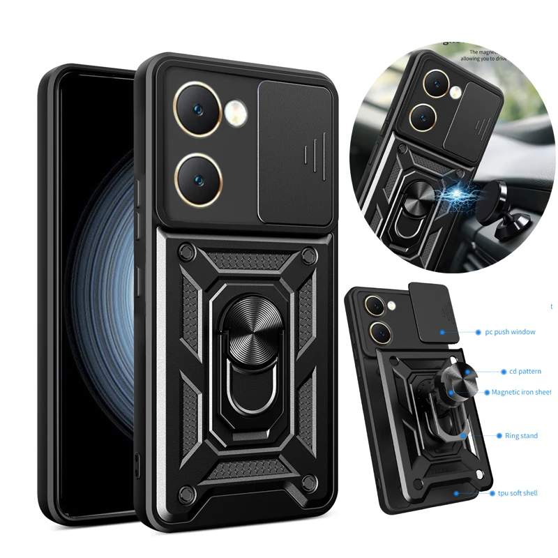 

Shockproof Armor Magnetic Car Ring Holder Case For VIVO Y18e y16 y03 Y27S y200 Y35 y28 4G Y36 5G Lens Protect Cover Phone Cases