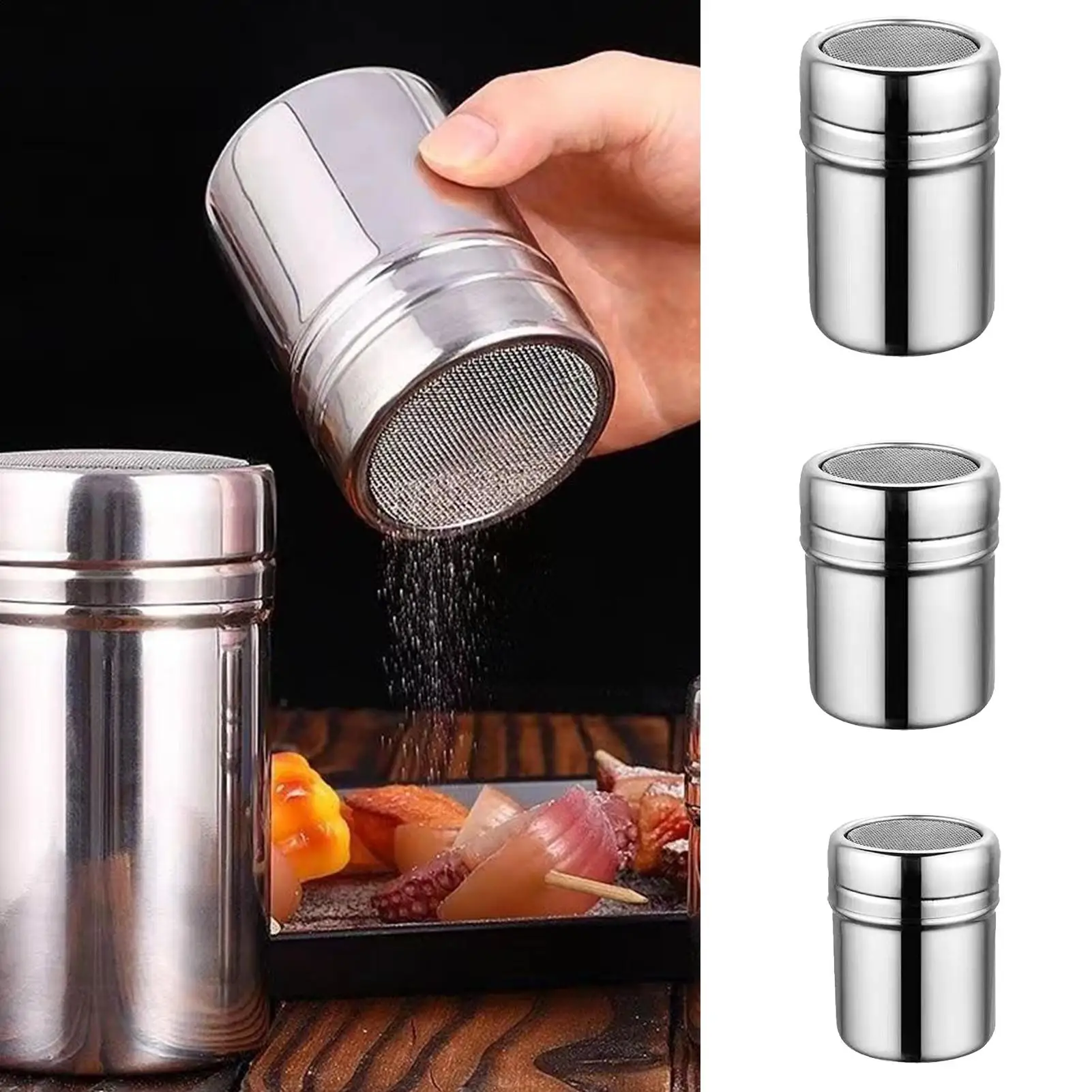 Stainless Steel Sprinkle Powder Icing Sugar Cocoa Sugar Chocolate Flour Duster Shaker Tool Seasoning Bottle for Spices