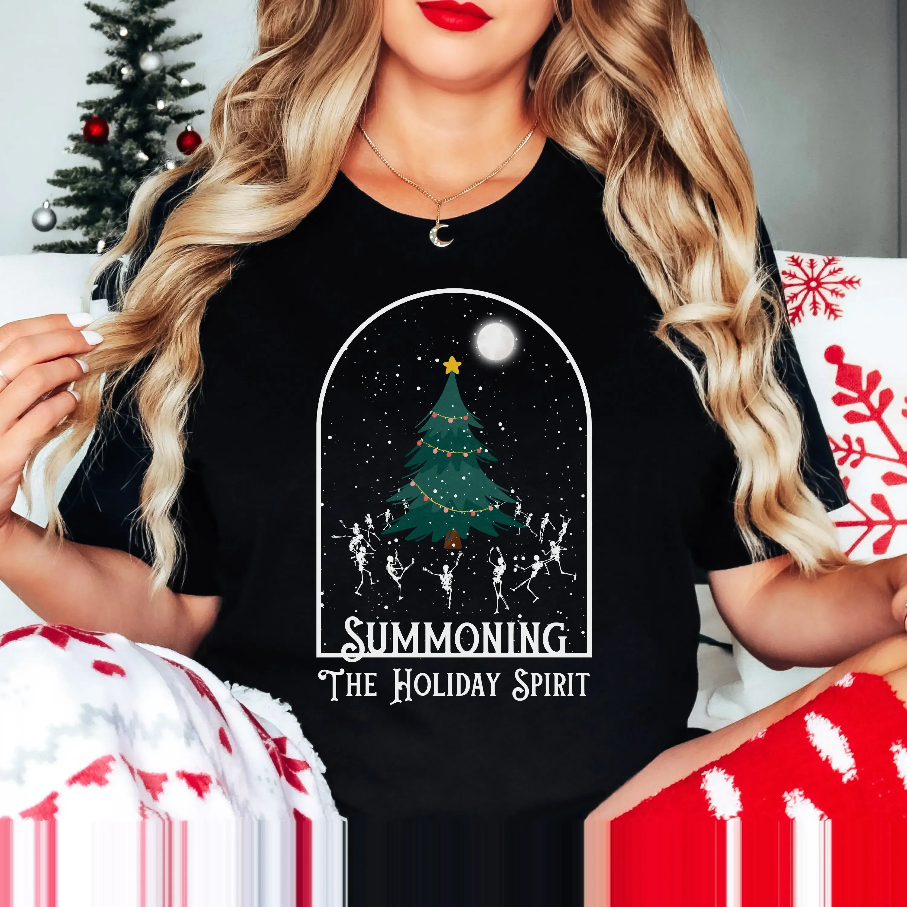 Skeleton Summoning Christmas Spirit T shirt Holiday Alt Goth Witchy Tree