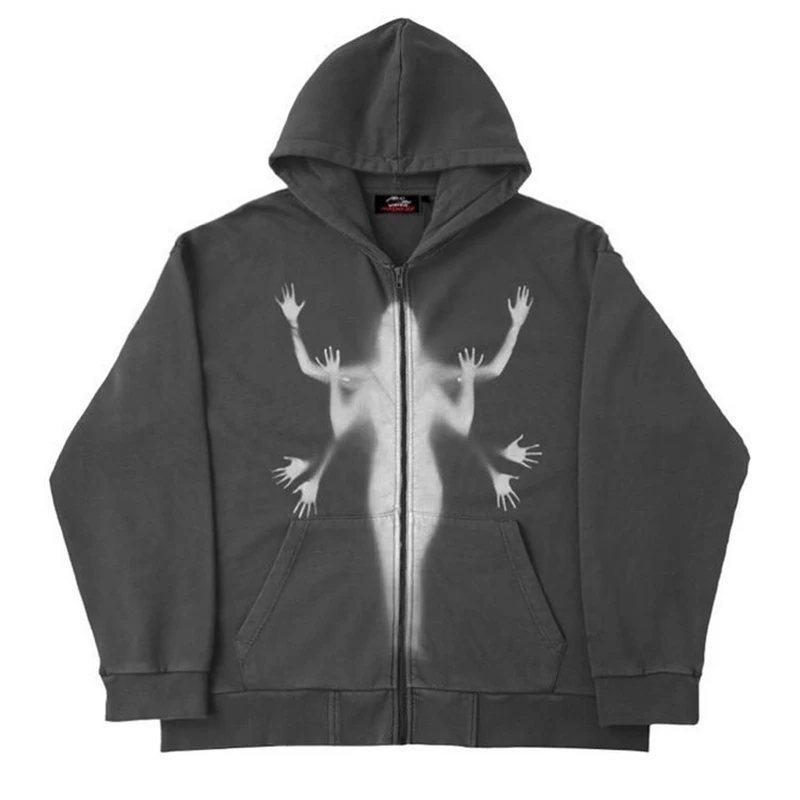 OverSize Y2K Hoodie Zip-up Sweatshirt Angel Printing Jacket Loose Long Sleeve Pockets Streetwear Hip Hop Fashion Men Women Coat