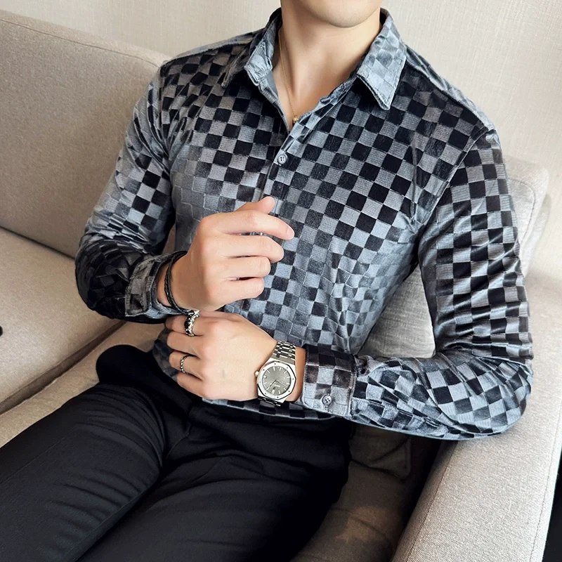 Luxury Plaid Black Velour Mens Shirts Checked Elegant Gentleman Business Work Office Wear Velvet Blouse Silver Slim Fit Clothing