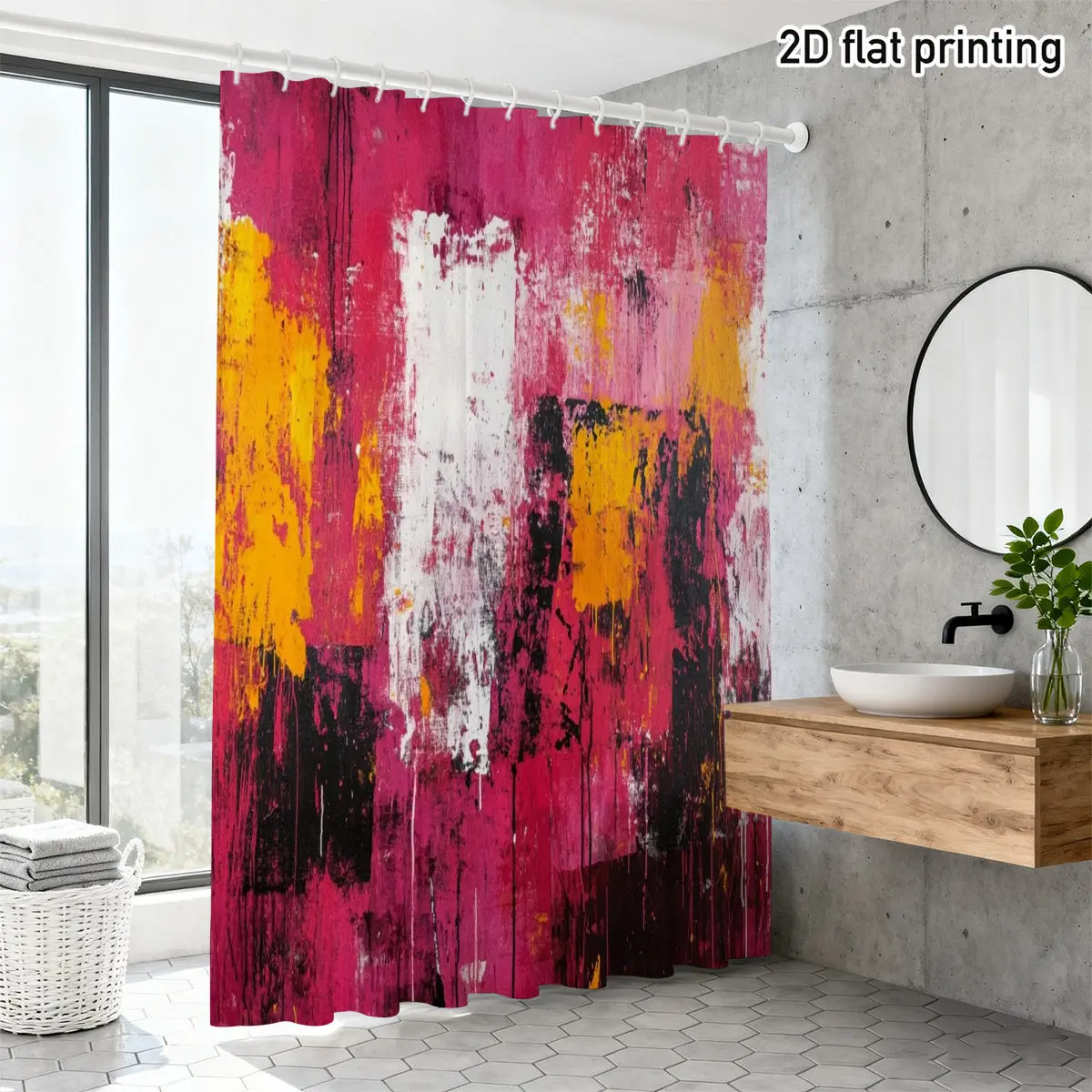 Abstract Shower Curtain – Bold Pink, Yellow & Black Splatter Art with White Texture, Waterproof Polyester, Modern Bathroom Decor
