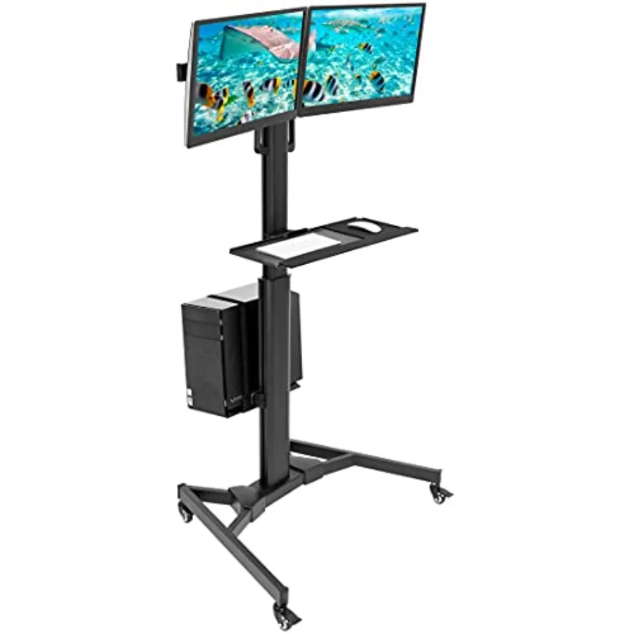 

Dual Monitor Computer Cart Mobile Standing Desk with Wheels Rolling Workstation in Black Featuring Keyboard Tray CPU Holder and