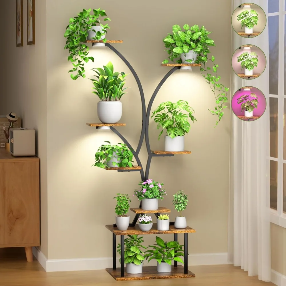 Suporte para plantas de 60′′ interno com luzes de cultivo, suporte para flores de canto, prateleira alta de metal para plantas de 8 camadas