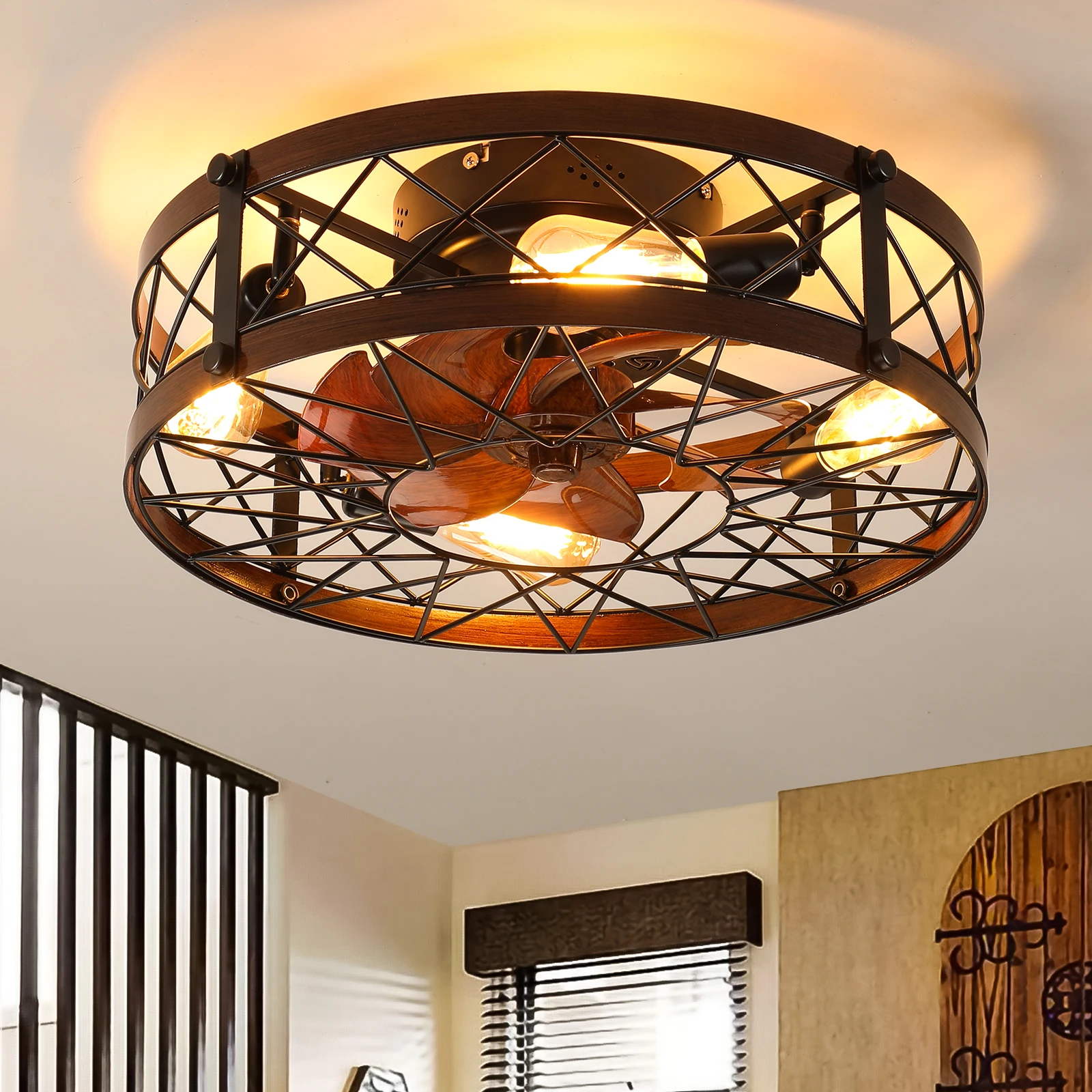 Remote Control Cage Ceiling Fan LED with Light 20 Inch Decorative Small Ceiling Fan Mute for Bedroom Office Kitchen Living Room