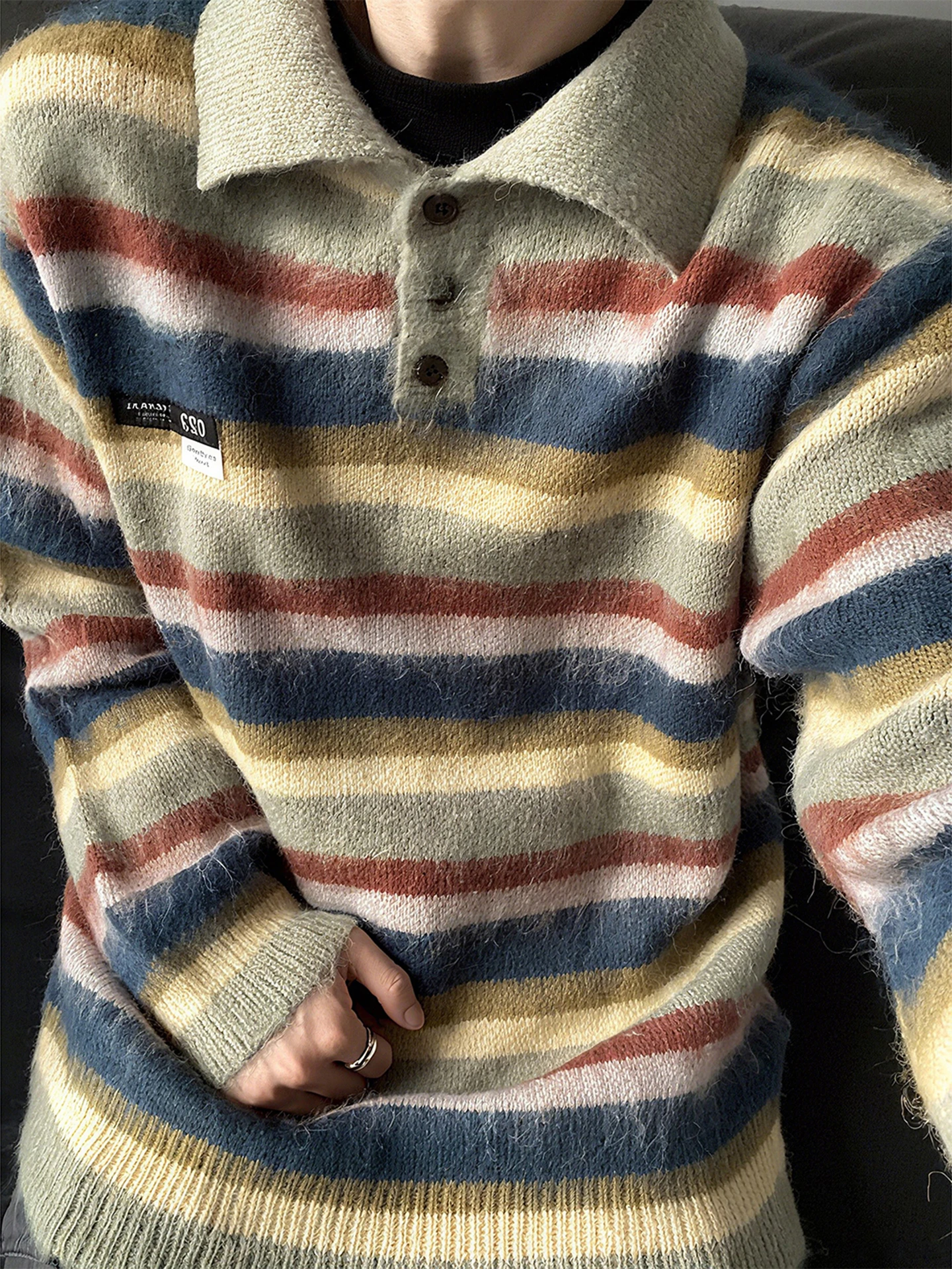 

Мужской вязаный джемпер в полоску с цветовыми блоками, свободный крой, винтажный американский стиль, осенне-зимний, мягкий, с длинным рукавом