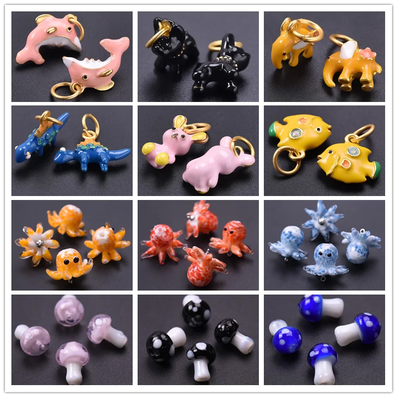 6Pcs/Lot New Ocean Series Octopus Giraffe Elephant Mushroom Jewelry Pendant Handmade Glass Material Diy Necklace Accessory Gift