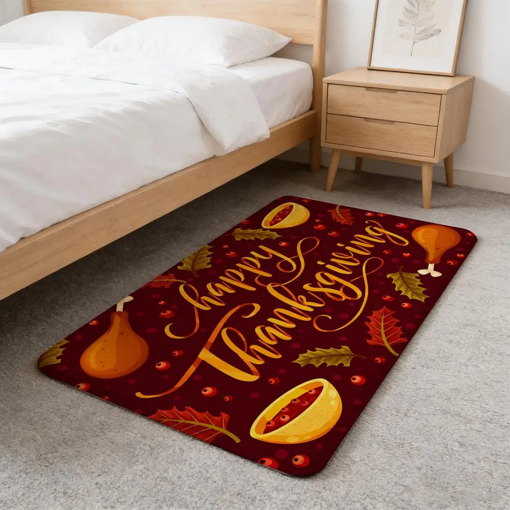 pretty happy Thanksgiving Festival Floor Mat Washable Absorbent Flannel Door Mat Non-Slip Indoor Floor Carpet