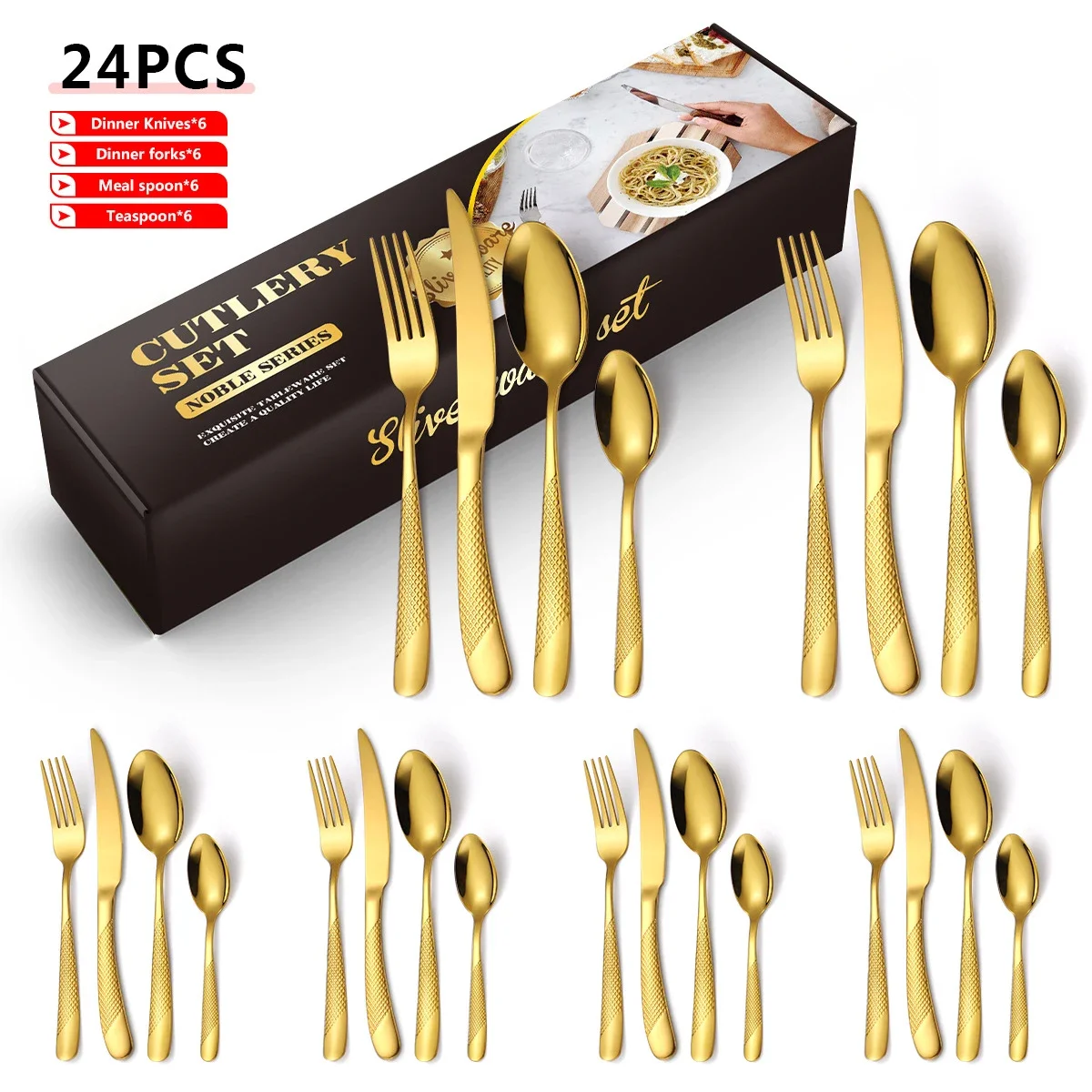 24Pcs Stainless Steel Dinnerware Set Upscale Restaurant Hotel Cutlery Set Spoon Knife Fork Kitchen Royal Tableware Sets With Box