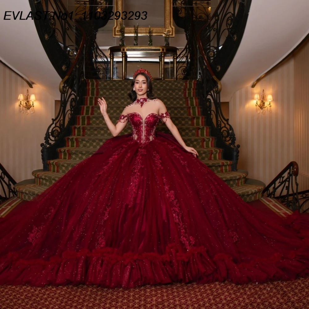 EVLAST Customized Shiny Burgundy Quinceanera Dress Ball Gown Floral Applique Beading Corset Sweet 16 Vestidos De 15 Anos AQ122