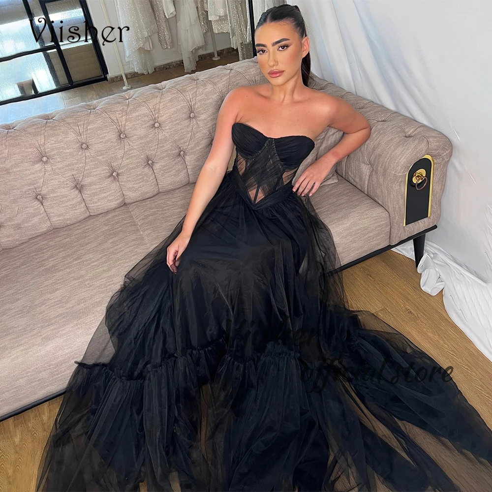 

Viisher Black Tulle Evening Dresses for Women Sweetheart A Line Prom Party Dress Floor Length Formal Occasion Gowns