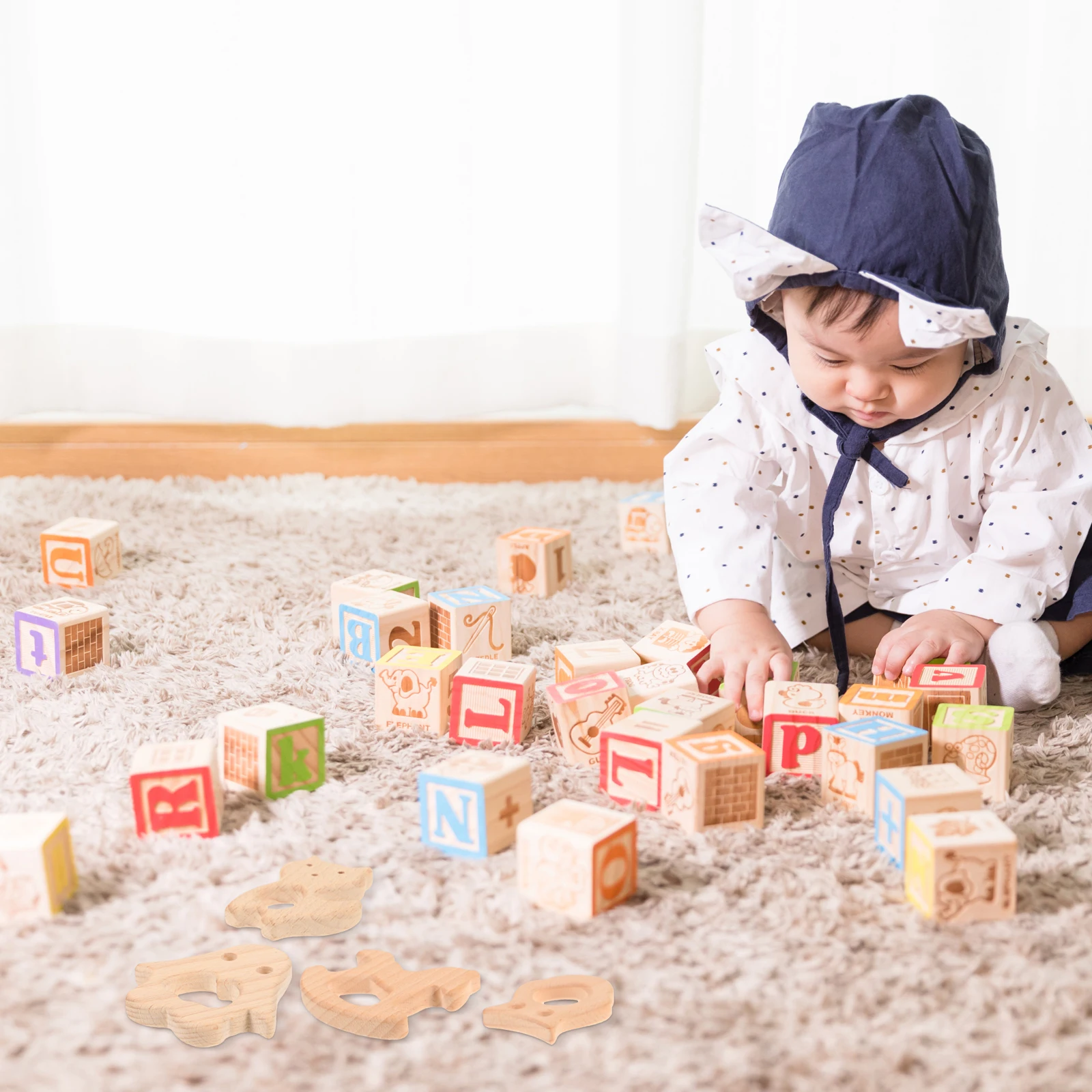 4Pcs Creative Natural Wood Penguin Owl Cat Hobbyhorse for Teething Relief and Visual Development