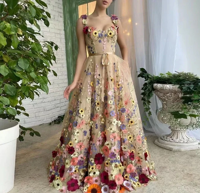 CPSYMYM Damenkleider, Sommer, 3D-Blumenstickerei, Blume, sexy, quadratischer Ausschnitt, ärmellos, offener Rückentasche, Design, täglich, lang