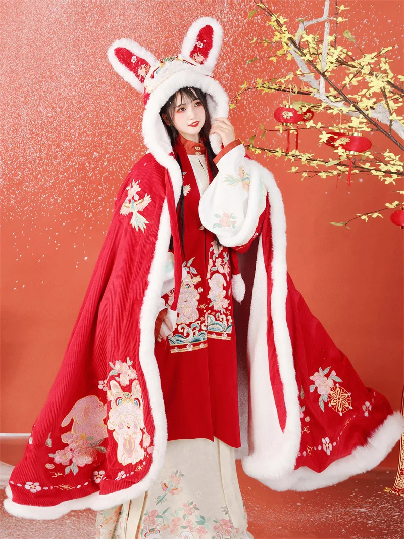 

Cloak Hanfu Women's Long Fleece Thickened Thermal Jacket New Year's Clothing Ruitu Welcome Winter Cloak