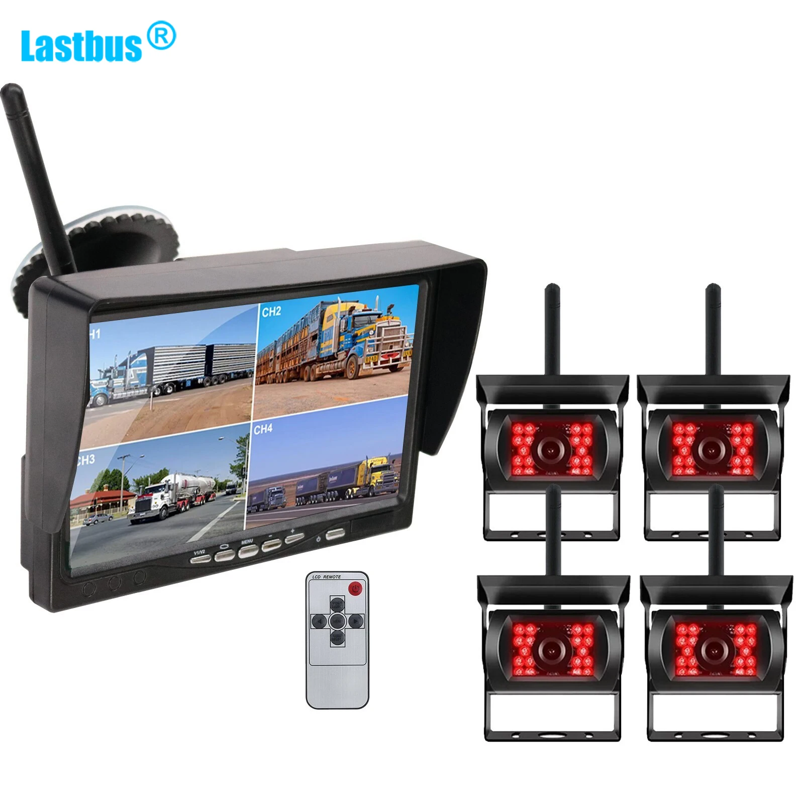 

Lastbus FHD 1080P Digital Wireless Reversing Camera 18 IR LEDs Night Vision With 7" BSD Alarm Quad Monitor For Van Truck RV