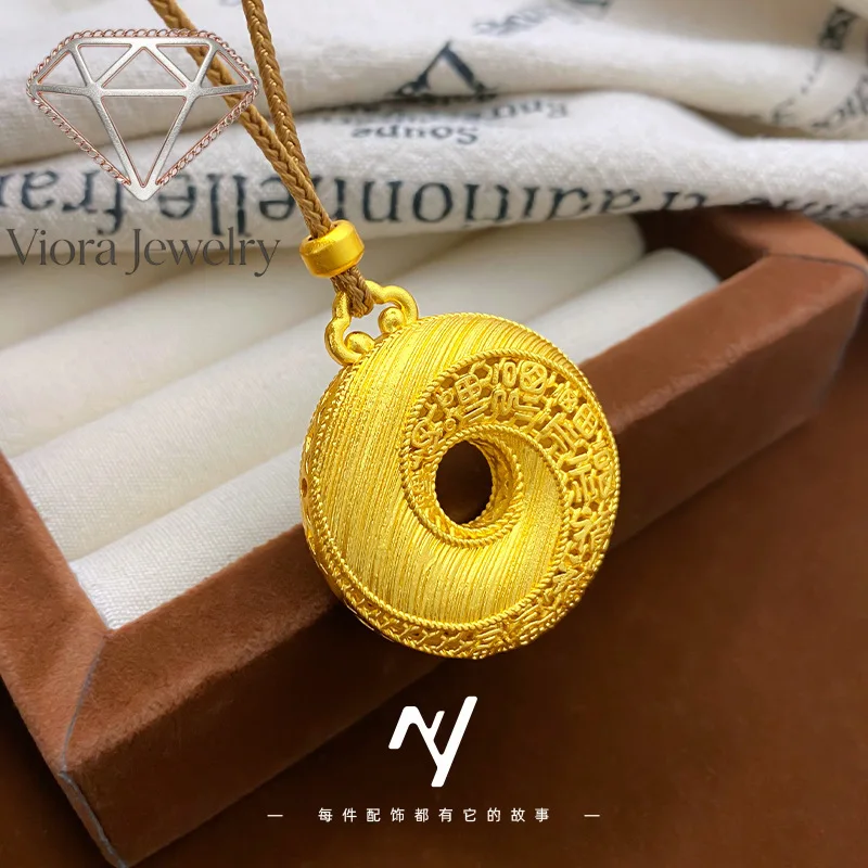 Viora Jewelry luxury designer 9999 24K real gold Chinese style filigree hollow brushed pattern blessing word peace buckle pendan