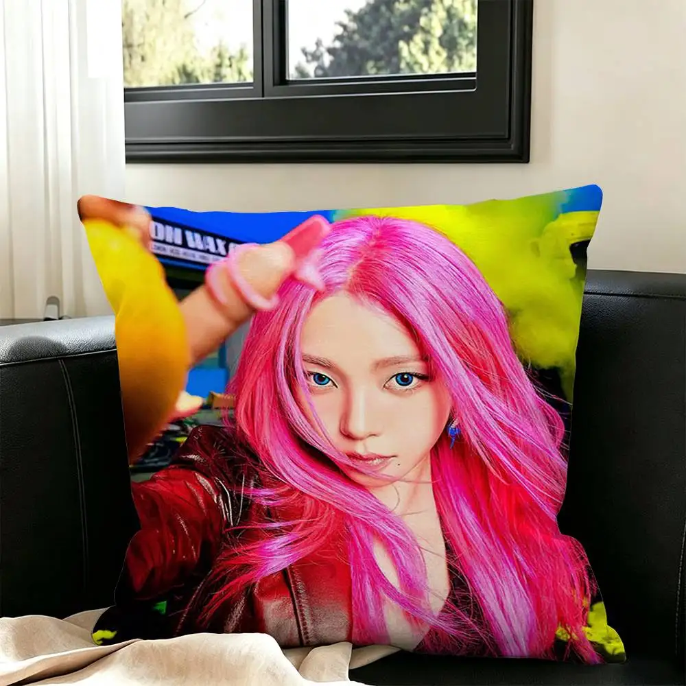 A-AespaS-K-karina Kpop Girl   Square Double-Sided printed Pillow Case Bedroom Bedside Pillow Sofa Cushion Cover
