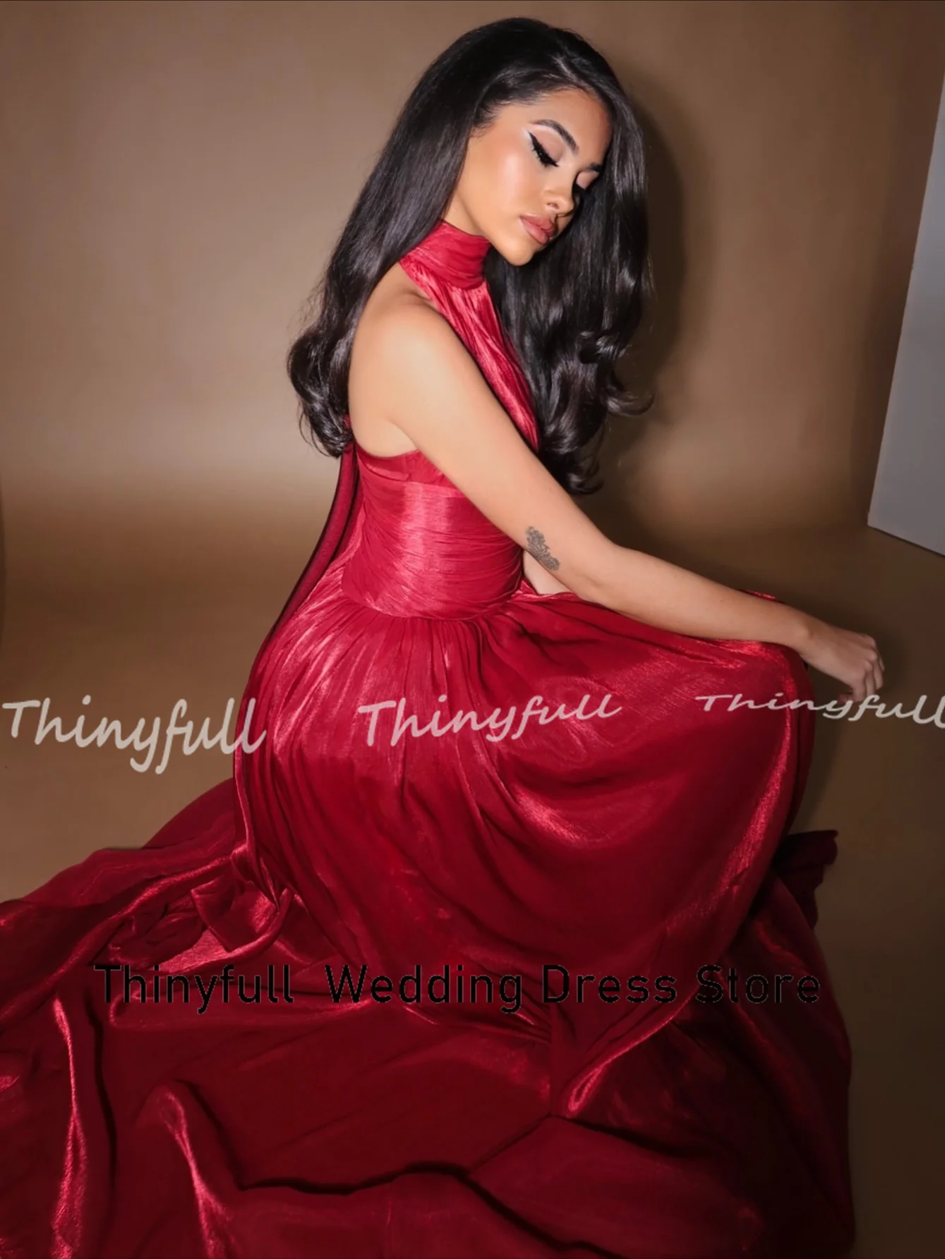 Thinyfull A-line Arab Long Prom Dress Halter Sleeveless Shiny Satin Evening Party Dresses Dubai Dress Robe De Soirée Customized image 4