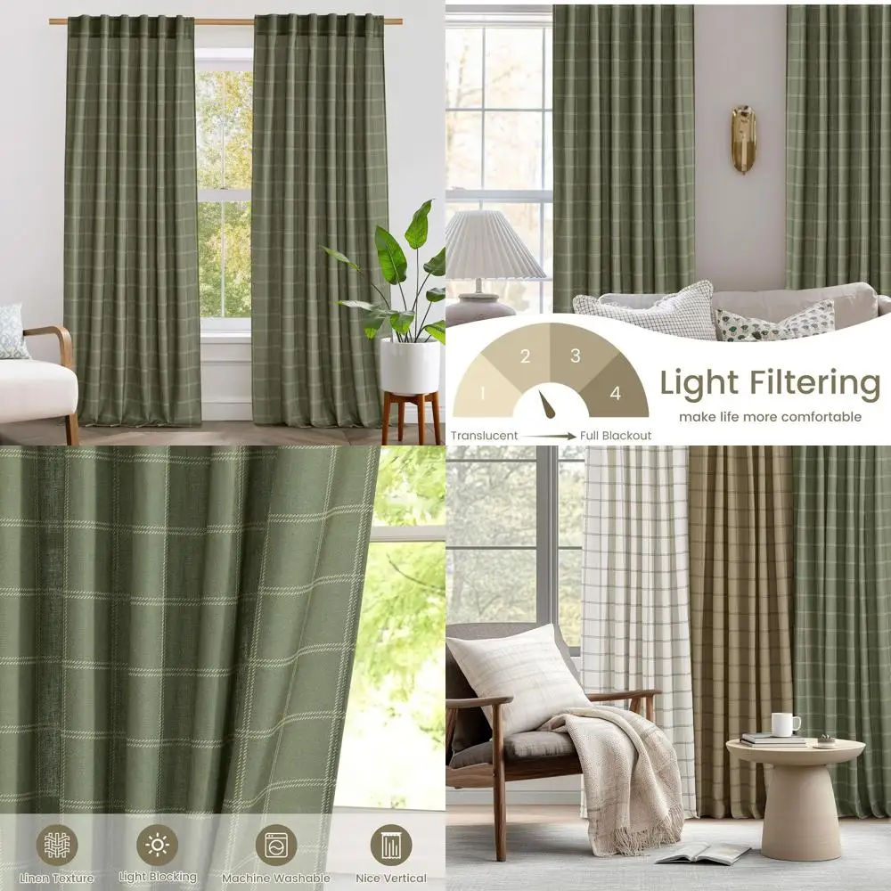 

Moss Green Linen Plaid Curtains, Modern Light Filtering Panels for Living Room & Bedroom, 52x108, 2-Piece Set