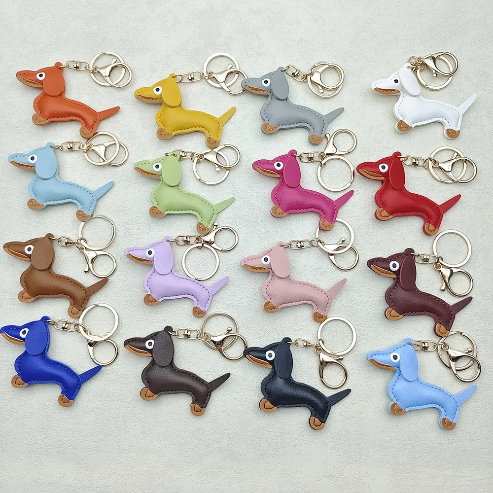 16 Colors Cute Size Dachshund Keychain PU Leather Dog Keychains For Women Bag Pendant Jewelry Trinket Key Ring Key Holder Gift