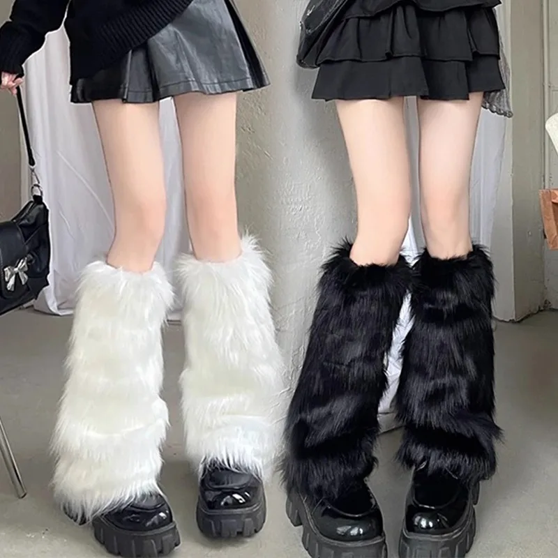 

25/40cm Japanese Furry Leg Warmers Y2K White Faux Fur Leg Warmers Boot Covers Lady Cute Jk Knee-length Warm Sock Fashion Socks