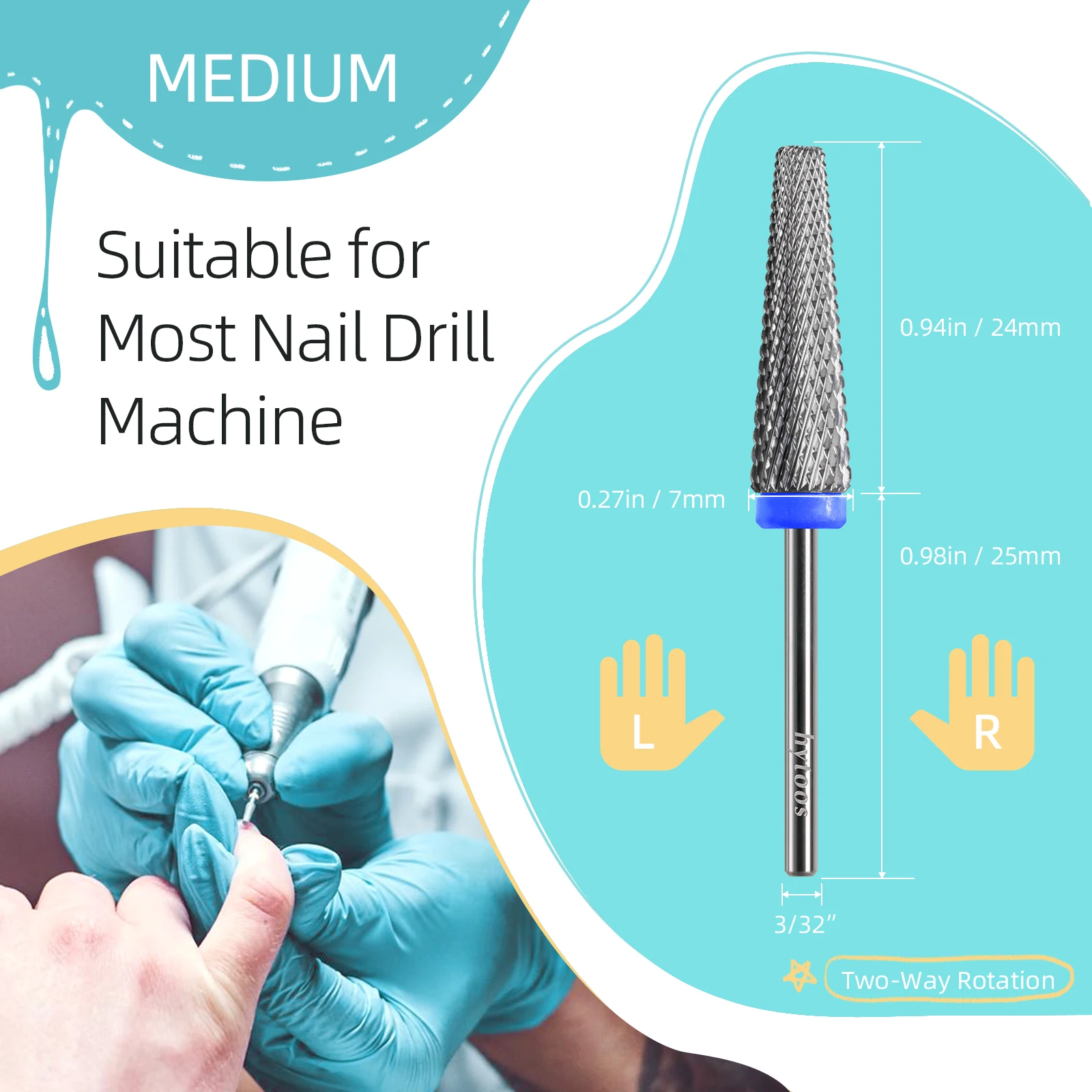 HYTOOS 24mm Super Long 5 in 1 Punte da trapano per unghie Accessori per molatura elettrica con fresa in carburo per manicure a croce bidirezionale