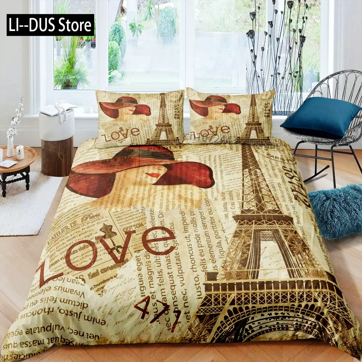 

Old Newspaper Duvet Cover Vintage French Bedding Set Brown Quilt Cover For Boys Girls Teen Queen/King Microfiber Comforter Cover