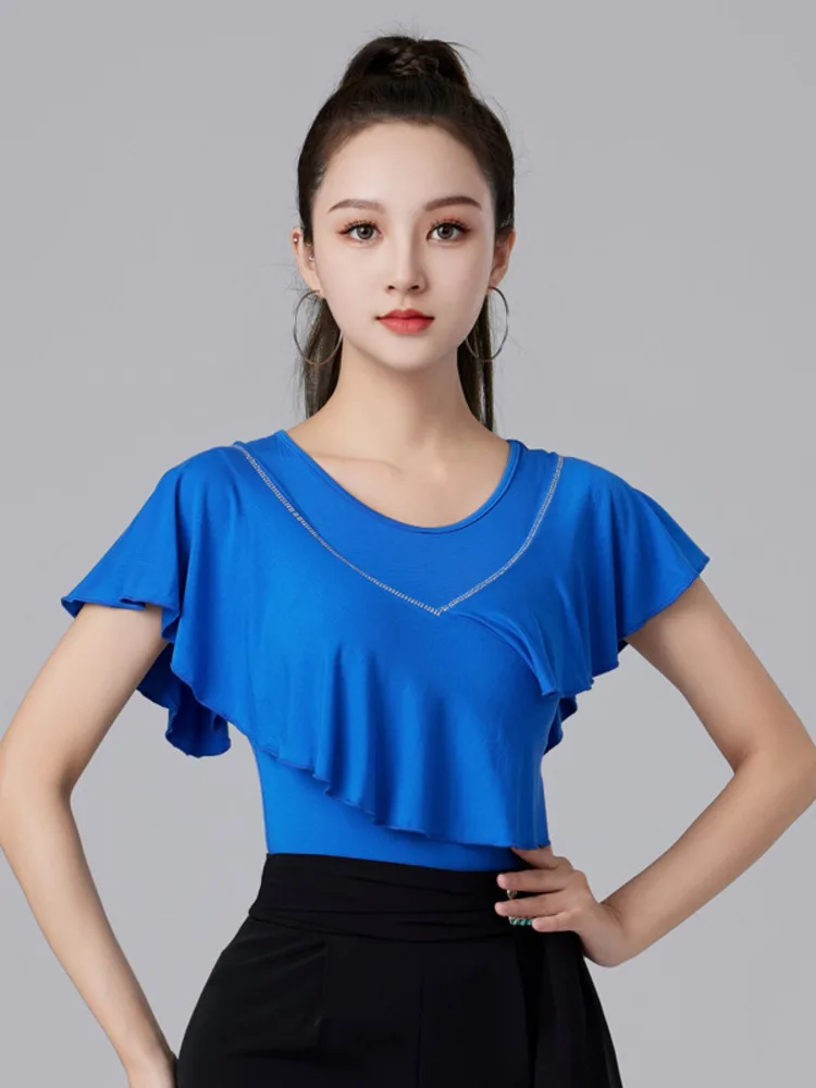 Solid Color Latin Dance Costume Tops Women Sports Jazz Rhinestones Wear Evening Practice Clothes Short Sleeve Dancewear T-shirt