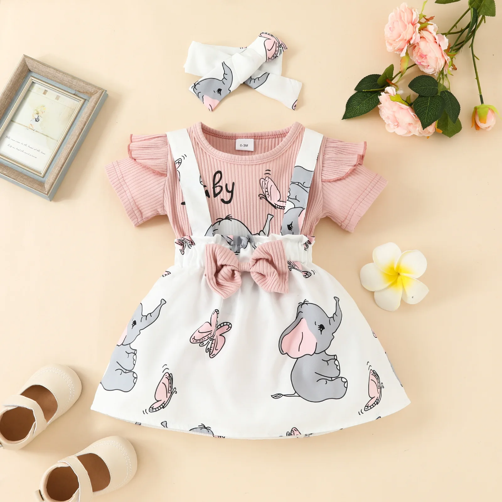 2025 Baby Girl Clothes Set Summer Short Sleeve Bodysuit+Strap Skirt+Headband 3PCS Infant Girl Casual Clothing Suit 0-18 Months