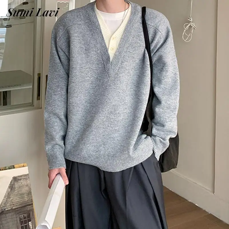 

Trendy Mens Double-Layer Patchwork Jumpers Stylish Solid Color Knit Sweaters Men Spring Autumn Casual Knitting Pullover Tops
