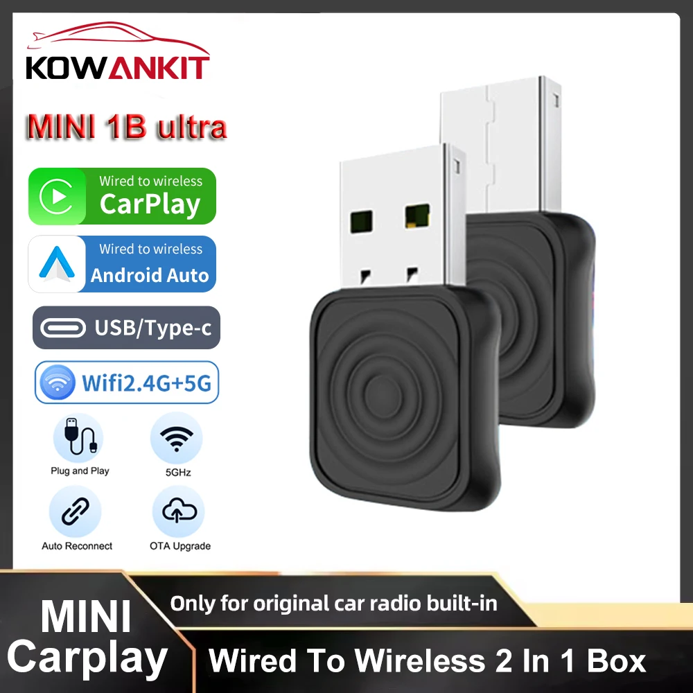 2026 Kowankit 2 In 1 Android Auto Wireless Carplay Adapter Smart Mini Ultra Bt Wifi Usb Dongle For Toyota Volvo Kia Benz Mazda