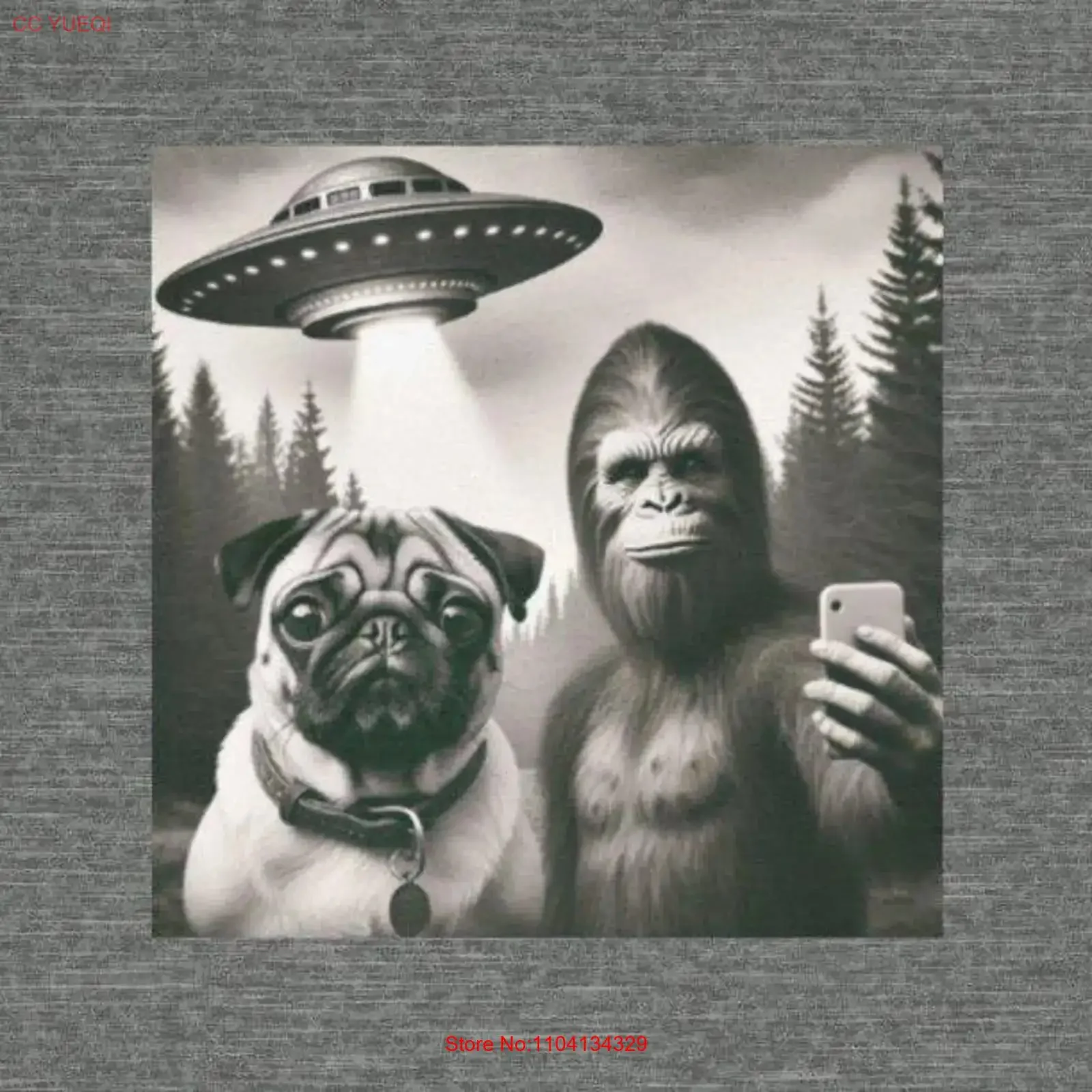 Funny Sasquatch and Pug T Shirt UFO Selfie Humorous Cryptid Top Bigfoot Dog  Alien Abduction vintage Washed