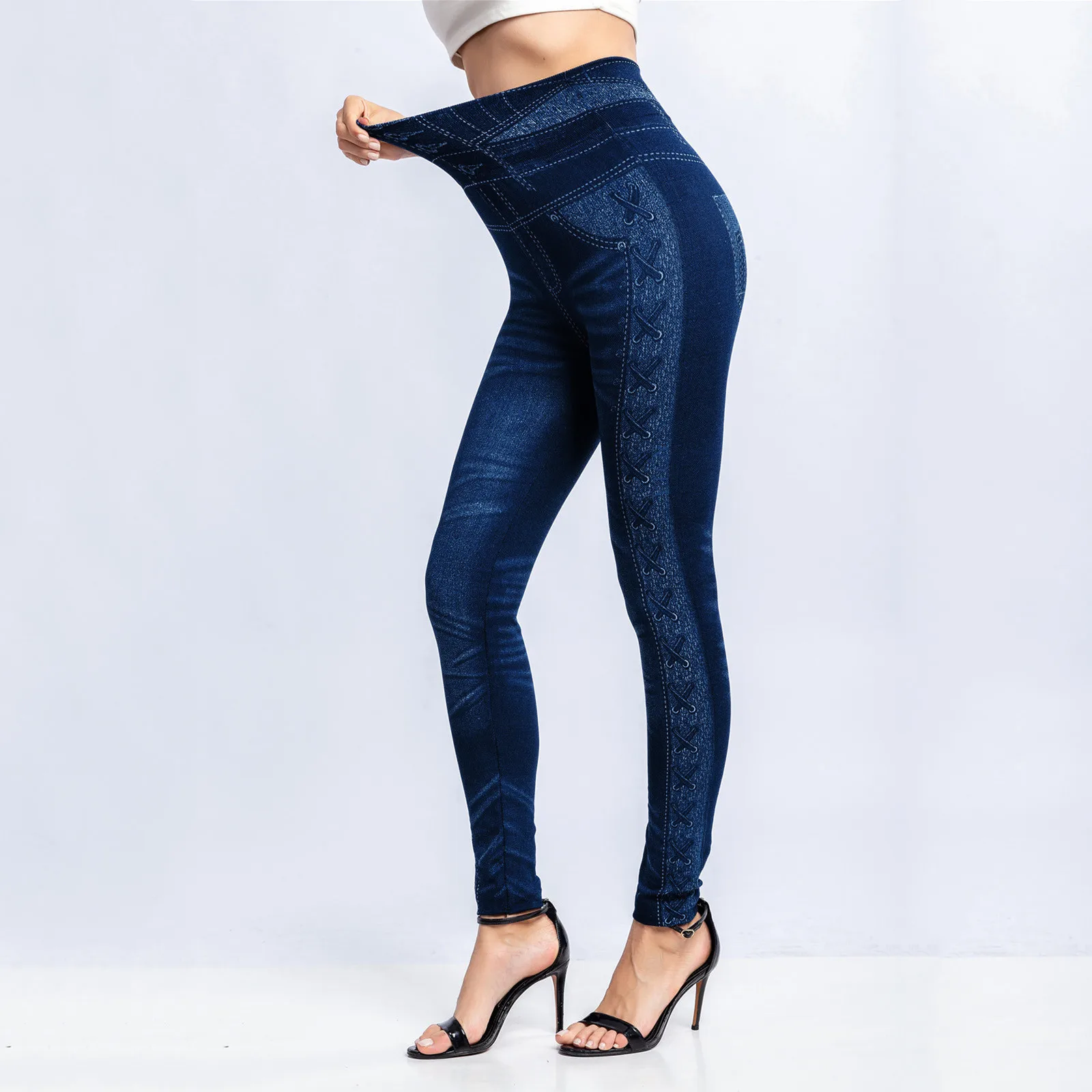 Leggings de jeans feminino, jeans de imitação, cintura alta, estampa listra térmica, moletom, fitness, inverno