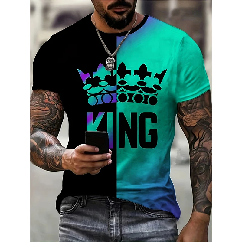 Summer Colorful King Letter 3D Print T-Shirts Streetwear Men Fashion Oversized O-Neck Short Sleeved T Shirt Tees Tops Clothing