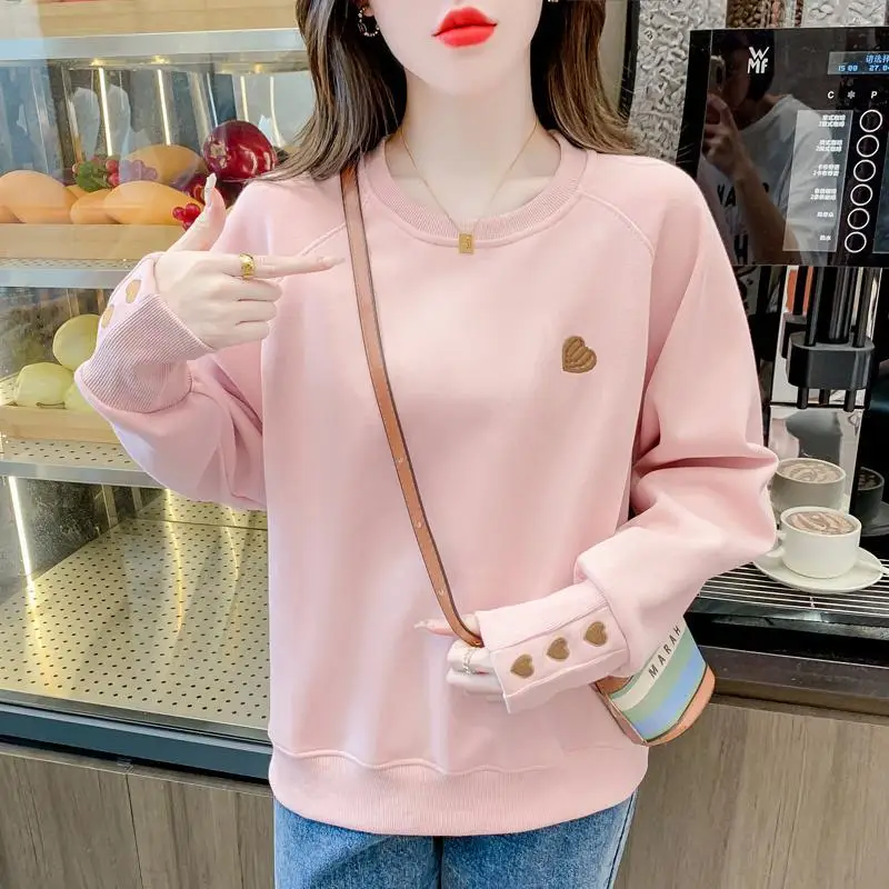 Women\'s Spring and Autumn Thin 2024 New Splicing Pullover O-Neck Loose Embroidered Fashion Solid Casual Long Sleeve Sweatshirts