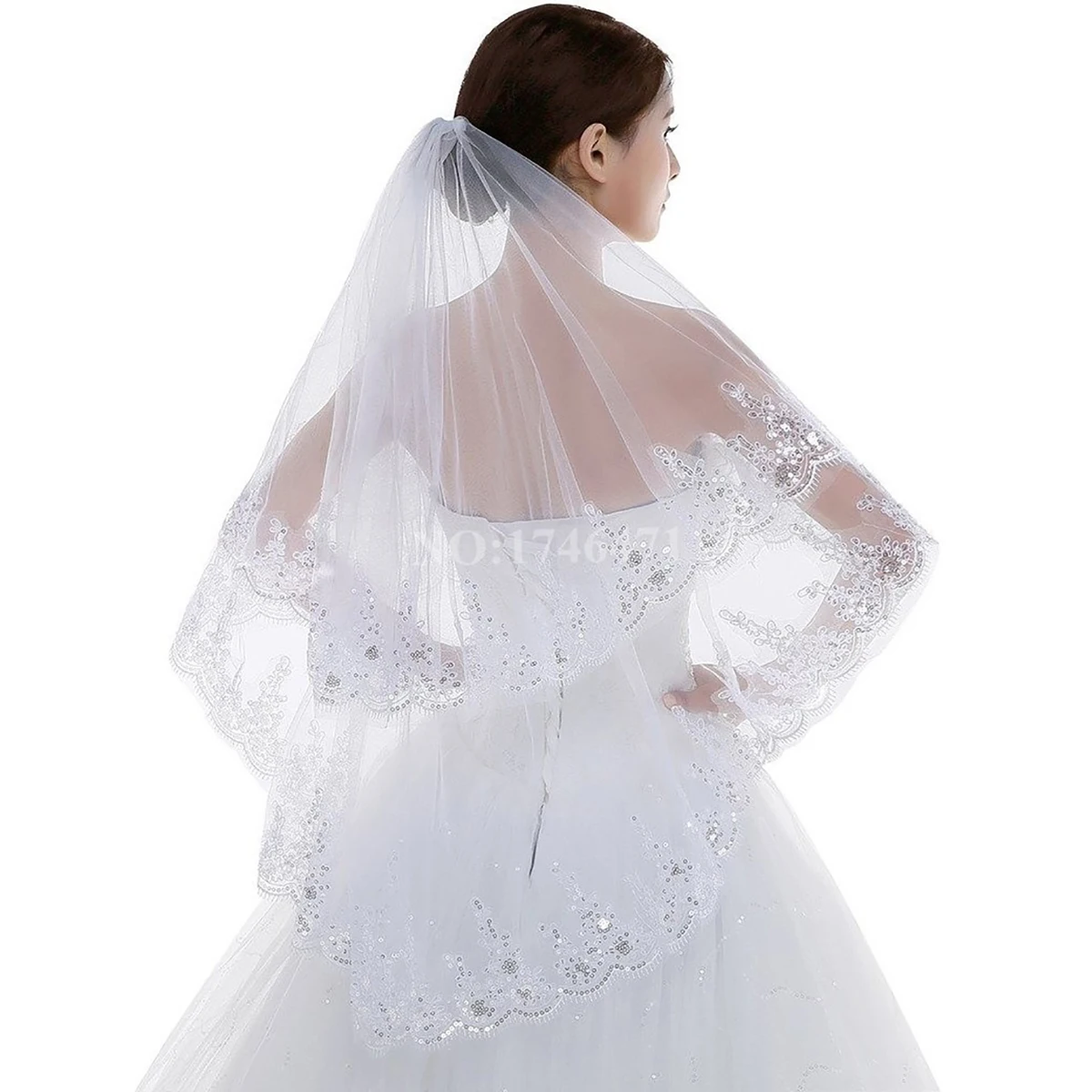 2 Tier Lace Sequins Edge Fingertip Length Bridal Wedding Veil