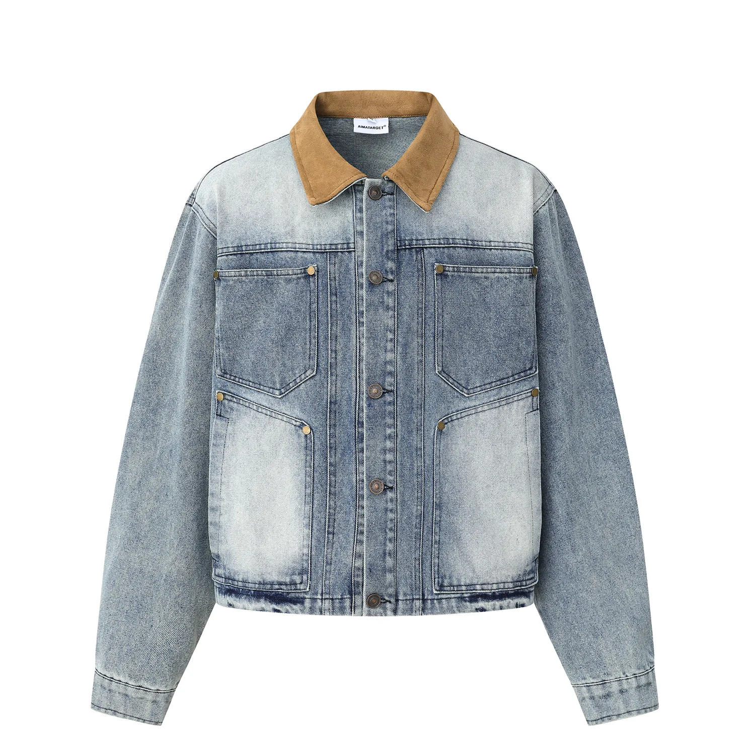 Veste de travail en jean patchwork multi-poches style grange rétro américain pour homme, veste safari unisexe coupe ample tendance