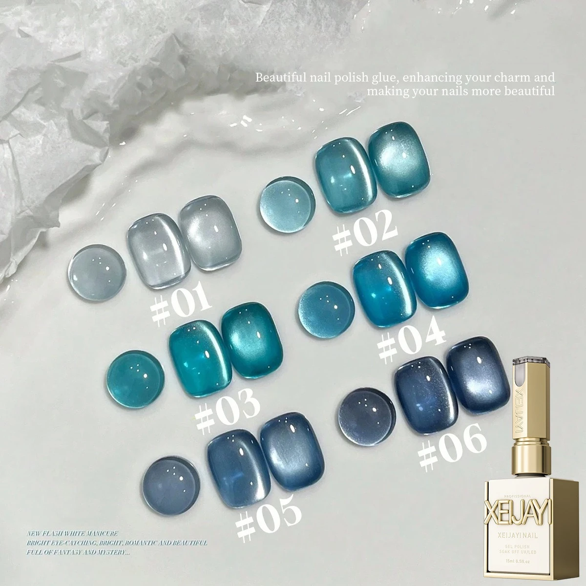 

6Colors 15ml Blue Glass Bead Cat Magnetic Nail Gel Semi Permanent Water Light Soak Off UV Gel Varnishes for Manicure Nail Art