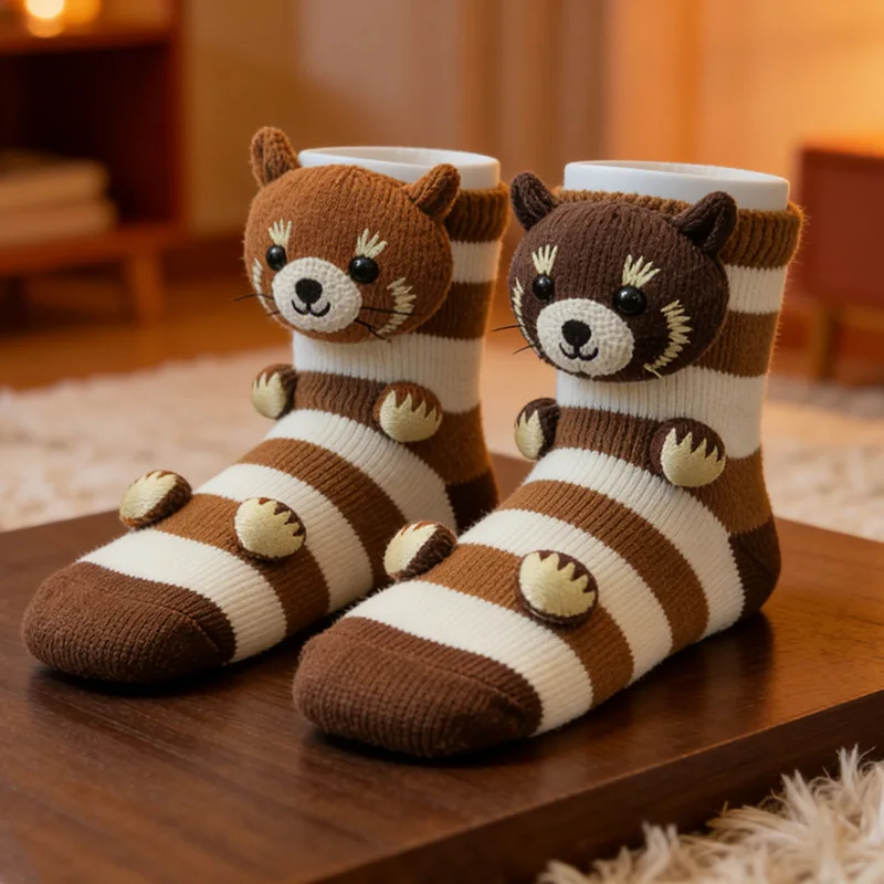 Cute Cartoon Animal Socks Plush Knit Cotton Socks with Dot Glue Women Men Cartoon Tiger Fox Panda Koala Raccoon Short Socks - view 6