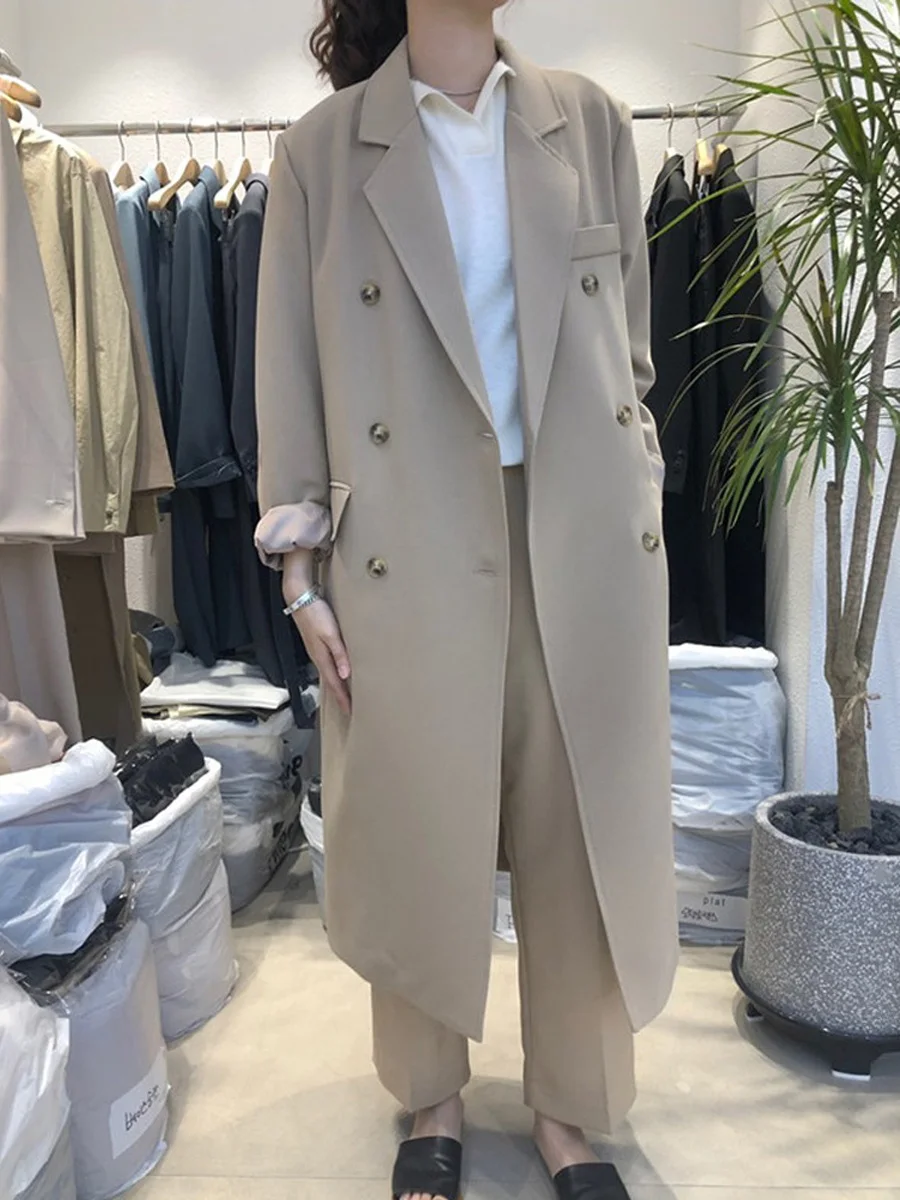 

Женский костюм: Длинное пальто свободного кроя, повседневное, весна-осень, новая корейская версия, шикарный топ с пуговицами, двойными карманами и декоративной строчкой