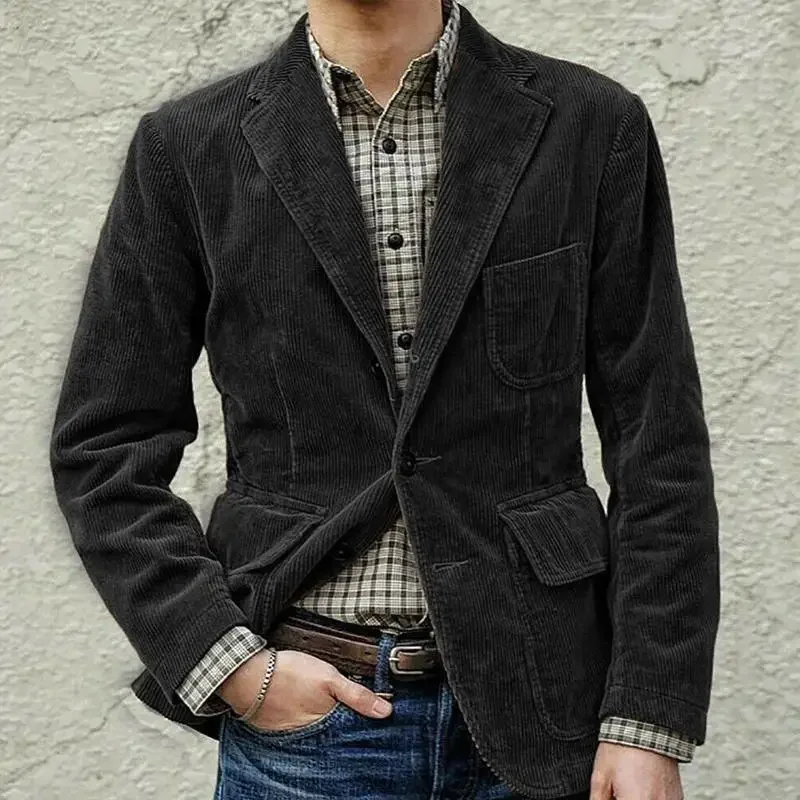 Blazer informal de pana para hombre, chaquetas ajustadas a la moda, abrigos sólidos negros y marrones, traje de vestir, novedad de 2023