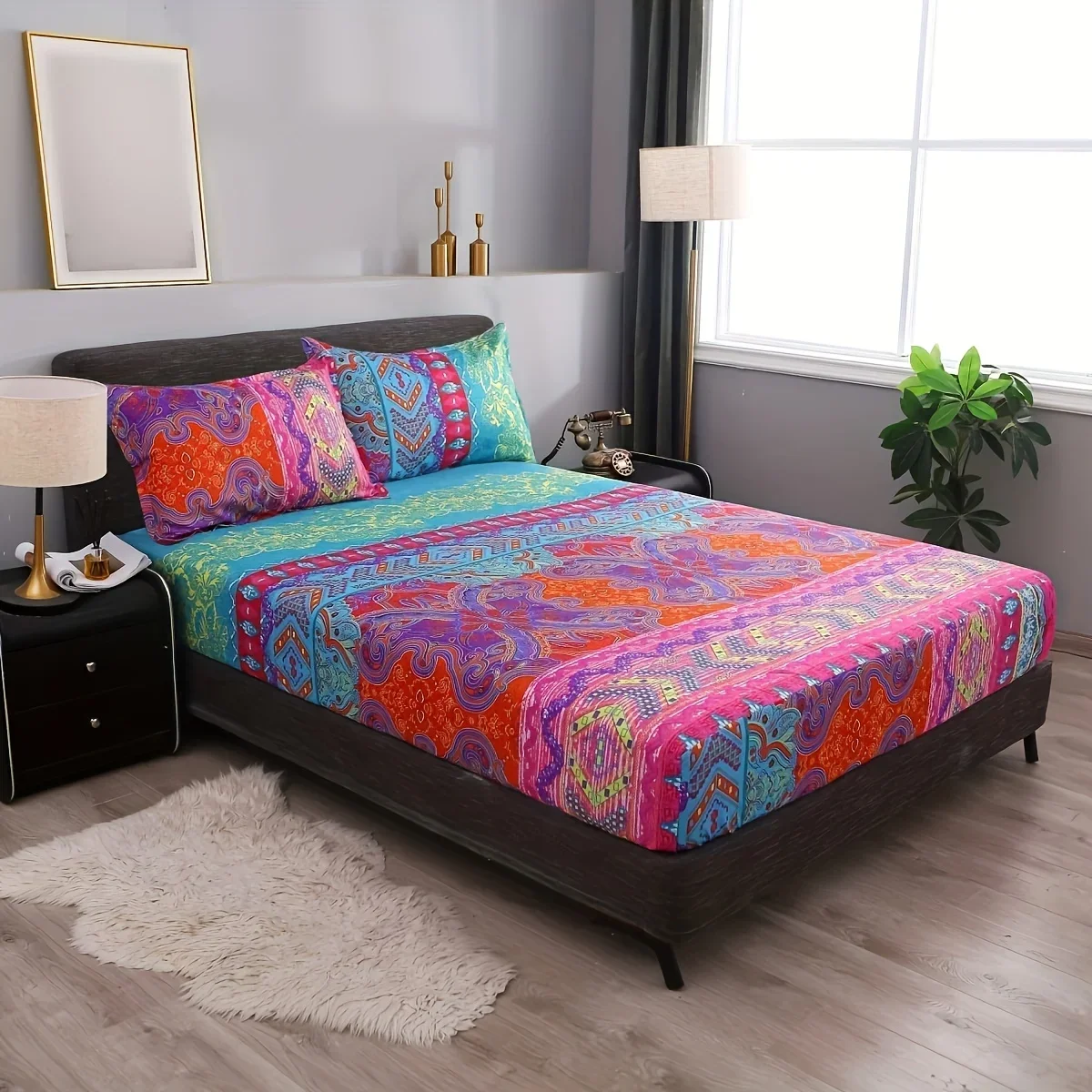 Boho Colorful Fitted Sheet Set Soft Comfortable Bohemian Bedding Set For Bedroom Guest Room1* Fitted Sheet
