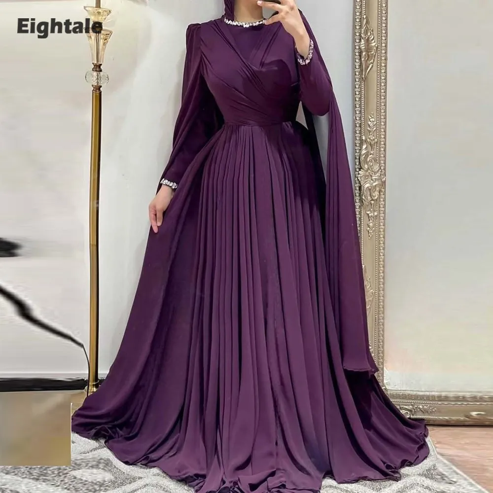 

Eightale Arabic Evening Dress O-Neck Customized Muslim Chiffon Beaded Pleats Purple Long Sleeves Prom Wedding Party Gown