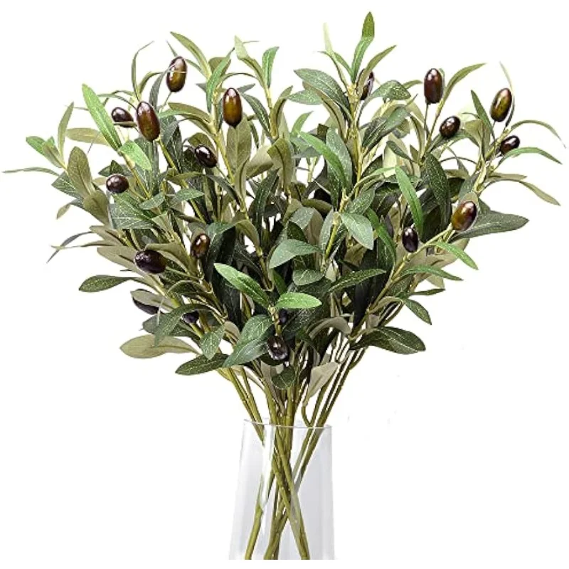 2/6/9 Uds ramas de olivo plantas artificiales tallos verdes hojas de olivo frutas falsas plantas de seda