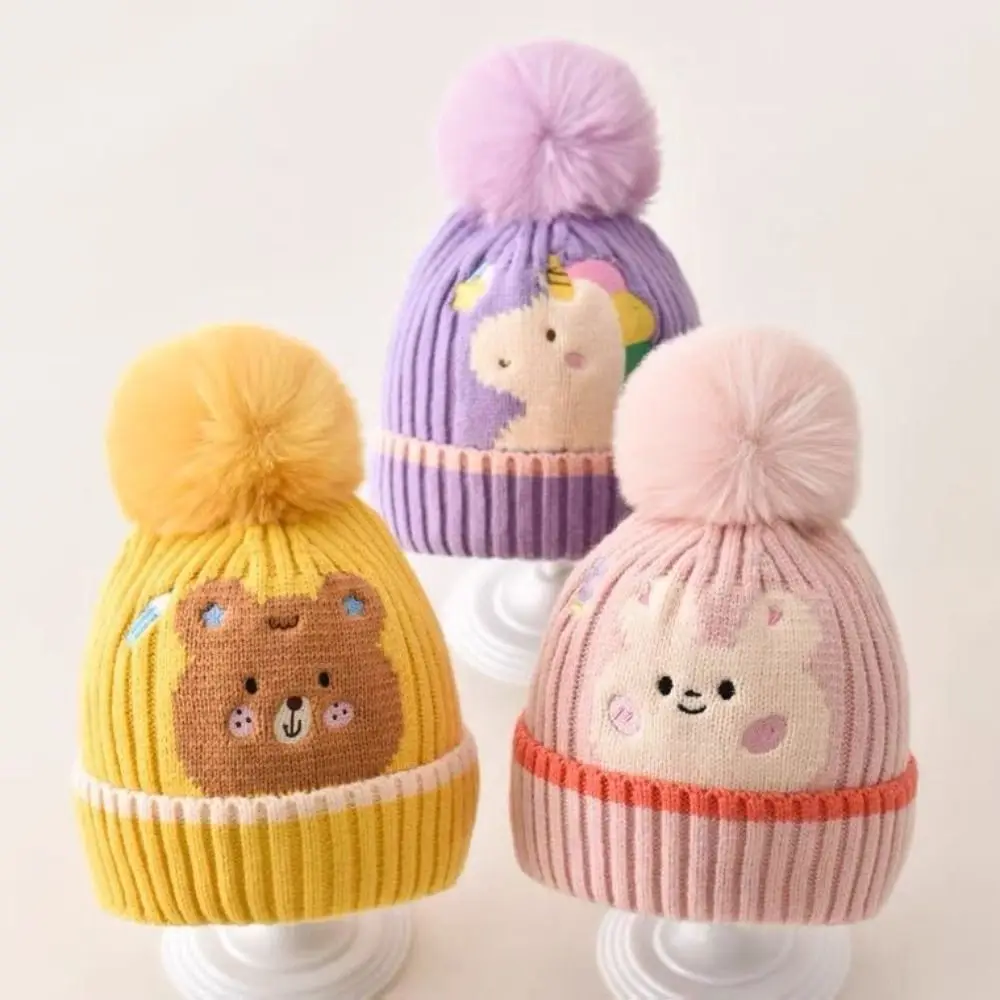 Winter Solid Color Cartoon Knitted Hat Woolen Hairball Baby Beanie Cap Skullies Thermal Hat Kids Crochet Hat Newborn